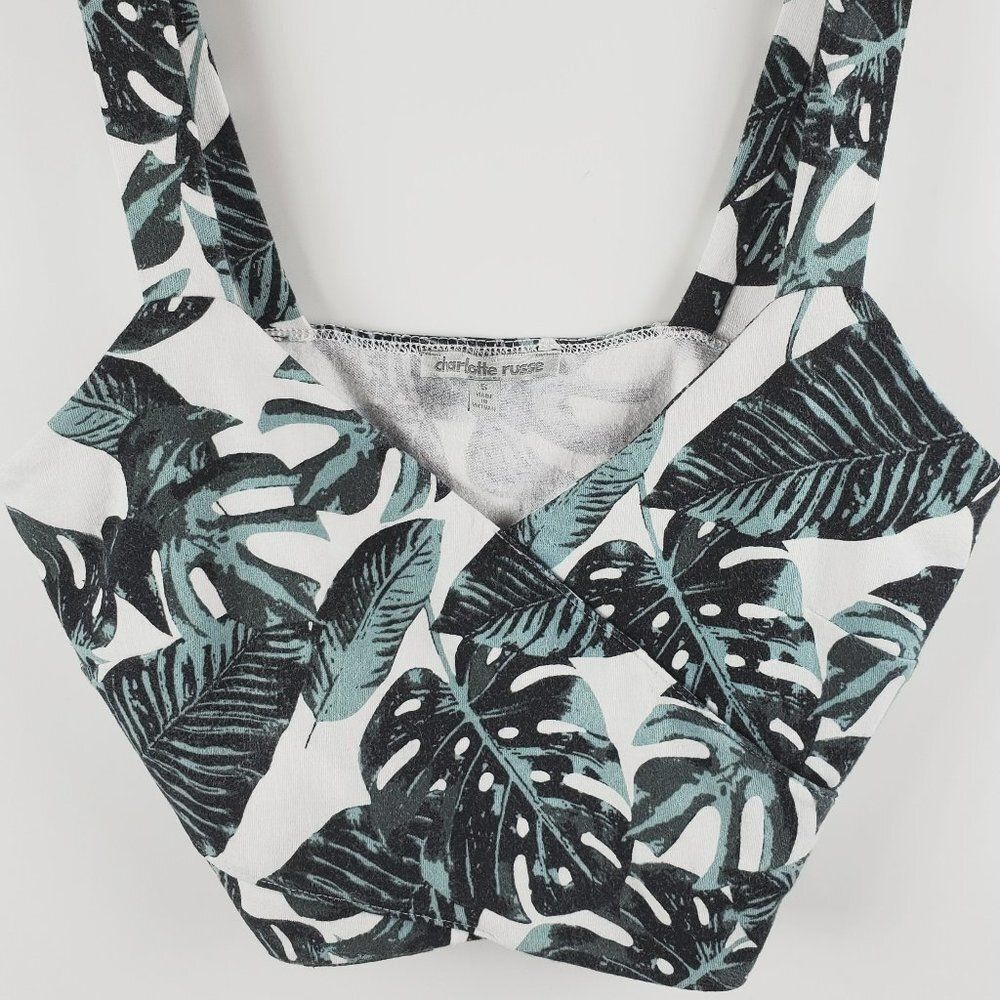 Charlotte Russe Crop Top Green + White Tropical Leaves With Side Cutouts Sz S
